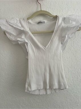 Zara White Ribbed V-Neck Tank with Puff Sleeves